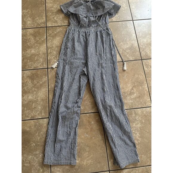 JCrew ruffled seersucker stripe jumpsuit Blue/white XS - Picture 9 of 9